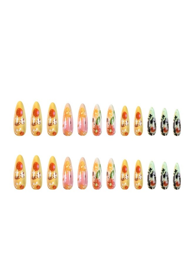 Mkwntg 24Pcs Colorful Flower Press on Nails Short Almond Fake Nails Spring Summer Daisy Full Cover False Nails Mix Color Floral Glossy Acrylic Glue on Nails Stick on Nails for Women Manicure Decor - Image 2