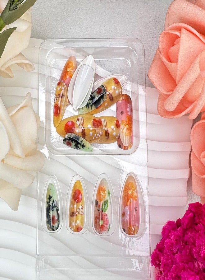 Mkwntg 24Pcs Colorful Flower Press on Nails Short Almond Fake Nails Spring Summer Daisy Full Cover False Nails Mix Color Floral Glossy Acrylic Glue on Nails Stick on Nails for Women Manicure Decor - Image 5