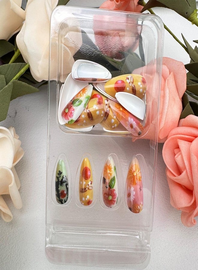 Mkwntg 24Pcs Colorful Flower Press on Nails Short Almond Fake Nails Spring Summer Daisy Full Cover False Nails Mix Color Floral Glossy Acrylic Glue on Nails Stick on Nails for Women Manicure Decor - Image 4