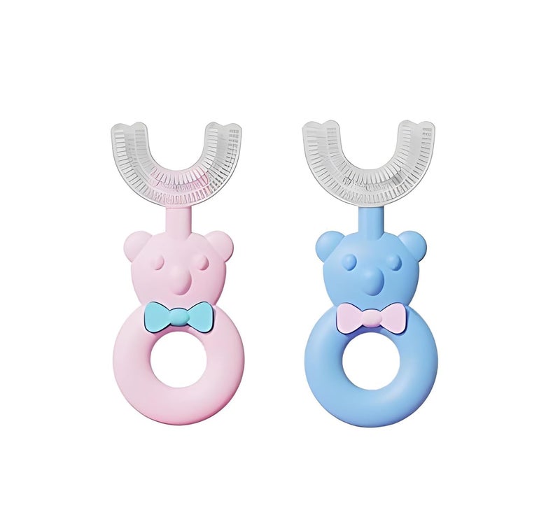 Baby Toothbrush, U-Shaped, Blue Bear Design with Bow, easy teeth Cleaning - Image 1
