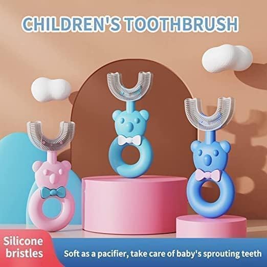 Baby Toothbrush, U-Shaped, Blue Bear Design with Bow, easy teeth Cleaning - Image 2