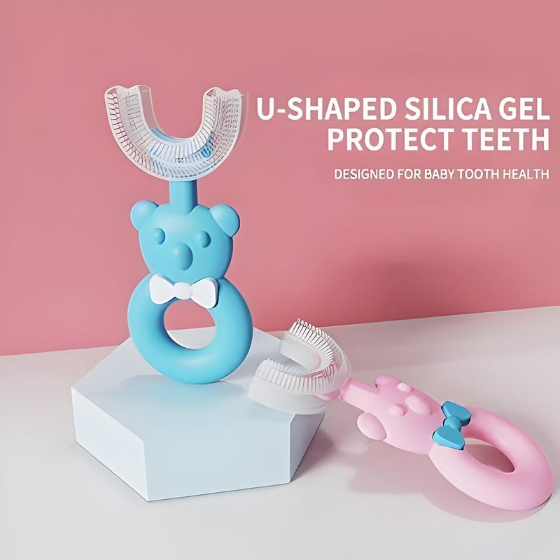 Baby Toothbrush, U-Shaped, Blue Bear Design with Bow, easy teeth Cleaning - Image 3