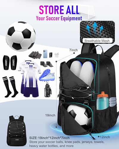 LOINTET Youth Soccer Bag Soccer Backpack with Ball Compartment Sports Equipment Training Bags Fits Basketball Football Volleyball and Accessories Black - Image 3