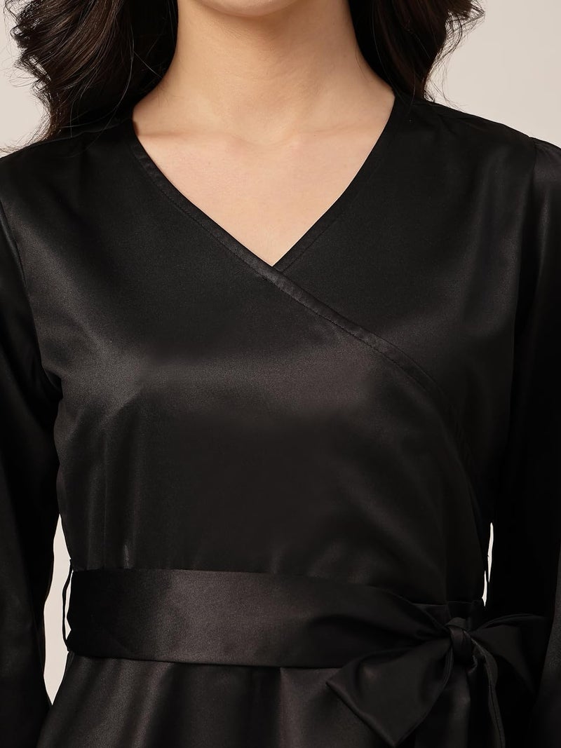 Style Quotient Women Solid Black Satin Regular Fit Smart Casual Top - Image 2