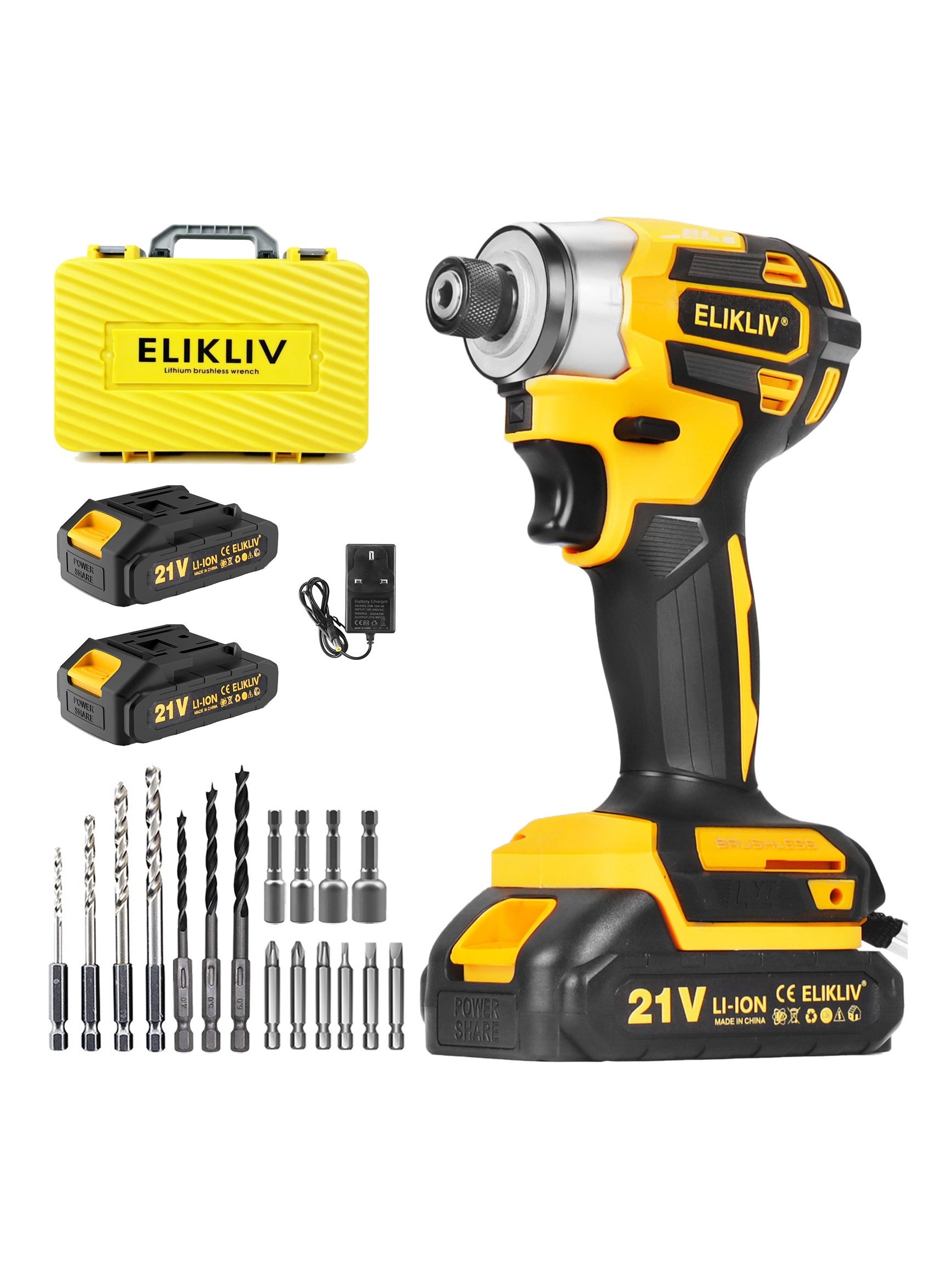 ELIKLIV Cordless Impact Driver 21V, ,with LED Work Light, , 2.0Ah Battery and Charger 