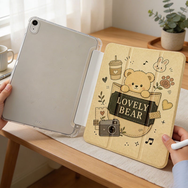 Tablet Case for iPad, Lovely Bear Coffee Doodle Collage, iPad Protective Case for Mini Air Pro 4 5 6 7 8 9 10 11 12, for 7.9 8.3 9.7 10.2 10.5 10.9 11 12.9 13 inch Clear Acrylic Shockproof Cover with Stand - Image 3