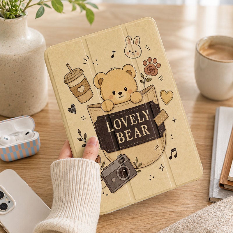 Tablet Case for iPad, Lovely Bear Coffee Doodle Collage, iPad Protective Case for Mini Air Pro 4 5 6 7 8 9 10 11 12, for 7.9 8.3 9.7 10.2 10.5 10.9 11 12.9 13 inch Clear Acrylic Shockproof Cover with Stand - Image 1
