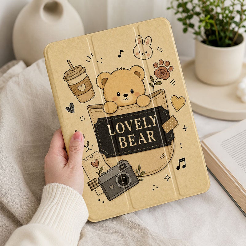Tablet Case for iPad, Lovely Bear Coffee Doodle Collage, iPad Protective Case for Mini Air Pro 4 5 6 7 8 9 10 11 12, for 7.9 8.3 9.7 10.2 10.5 10.9 11 12.9 13 inch Clear Acrylic Shockproof Cover with Stand - Image 4