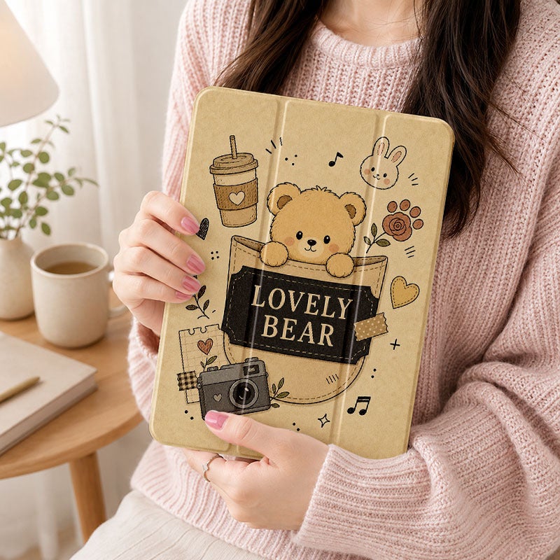 Tablet Case for iPad, Lovely Bear Coffee Doodle Collage, iPad Protective Case for Mini Air Pro 4 5 6 7 8 9 10 11 12, for 7.9 8.3 9.7 10.2 10.5 10.9 11 12.9 13 inch Clear Acrylic Shockproof Cover with Stand - Image 5