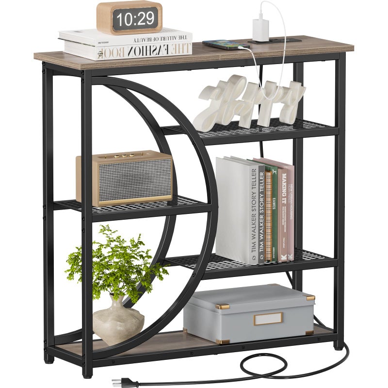 Snughome Entryway Table, Console Table with Charging Station, Industrial Narrow Sofa Table with 5 Tier Storage Shelves, Entrance Table for Hallway, Living Room, Foyer, Grey - Image 1