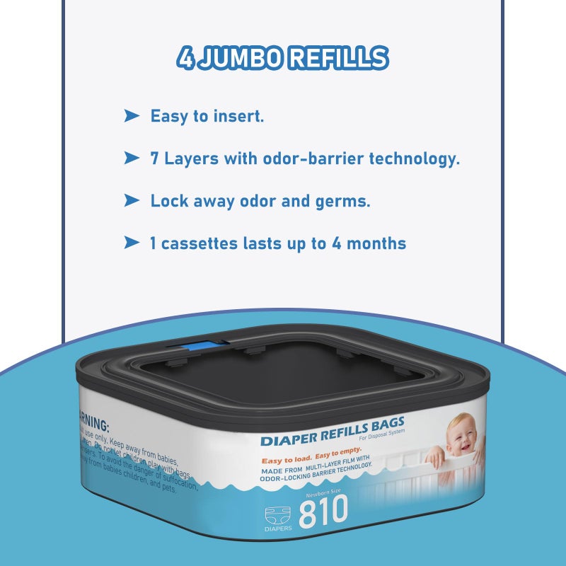 Fununcat Jumbo Square Refills Disposal Bags Refill (Baby Powder Scent) Compatible with Diaper Genie Classic, Compact and Select Pails, Hold Up to 810 Newborn-Sized Diapers Per Refill, 4 Packs - Image 4