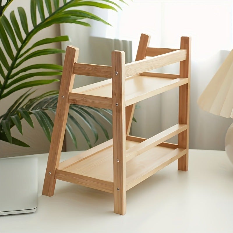 1pc Bamboo Countertop Organizer, Bathroom Storage Rack, Double-Layer Design, Wooden Surface, Trapezoidal Shape, Modern Cream Classic Style, Suitable for Dorm, Bedroom, Bathroom, Office, Kitchen Storage Rack, Space-Saving, Perfect for Coffee Maker - Image 1