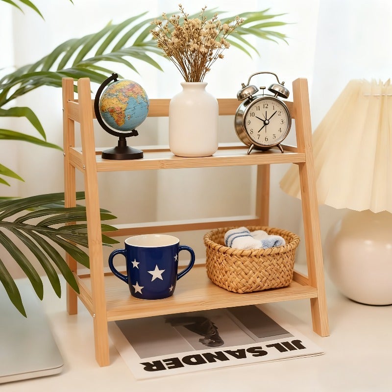 1pc Bamboo Countertop Organizer, Bathroom Storage Rack, Double-Layer Design, Wooden Surface, Trapezoidal Shape, Modern Cream Classic Style, Suitable for Dorm, Bedroom, Bathroom, Office, Kitchen Storage Rack, Space-Saving, Perfect for Coffee Maker - Image 2
