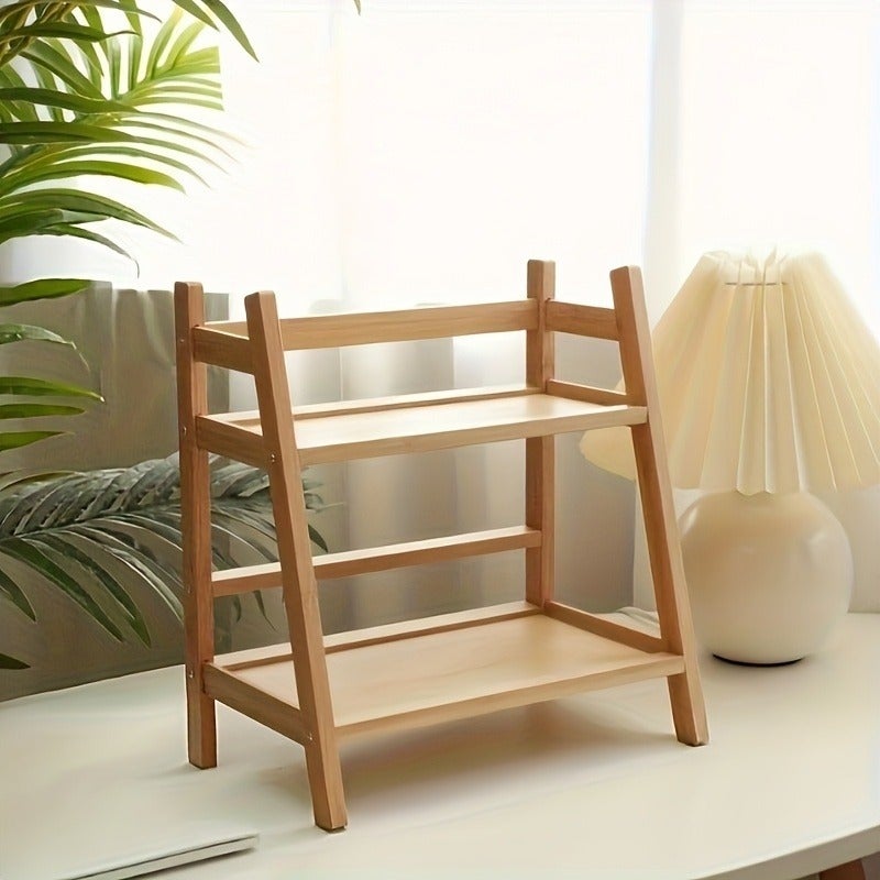 1pc Bamboo Countertop Organizer, Bathroom Storage Rack, Double-Layer Design, Wooden Surface, Trapezoidal Shape, Modern Cream Classic Style, Suitable for Dorm, Bedroom, Bathroom, Office, Kitchen Storage Rack, Space-Saving, Perfect for Coffee Maker - Image 5
