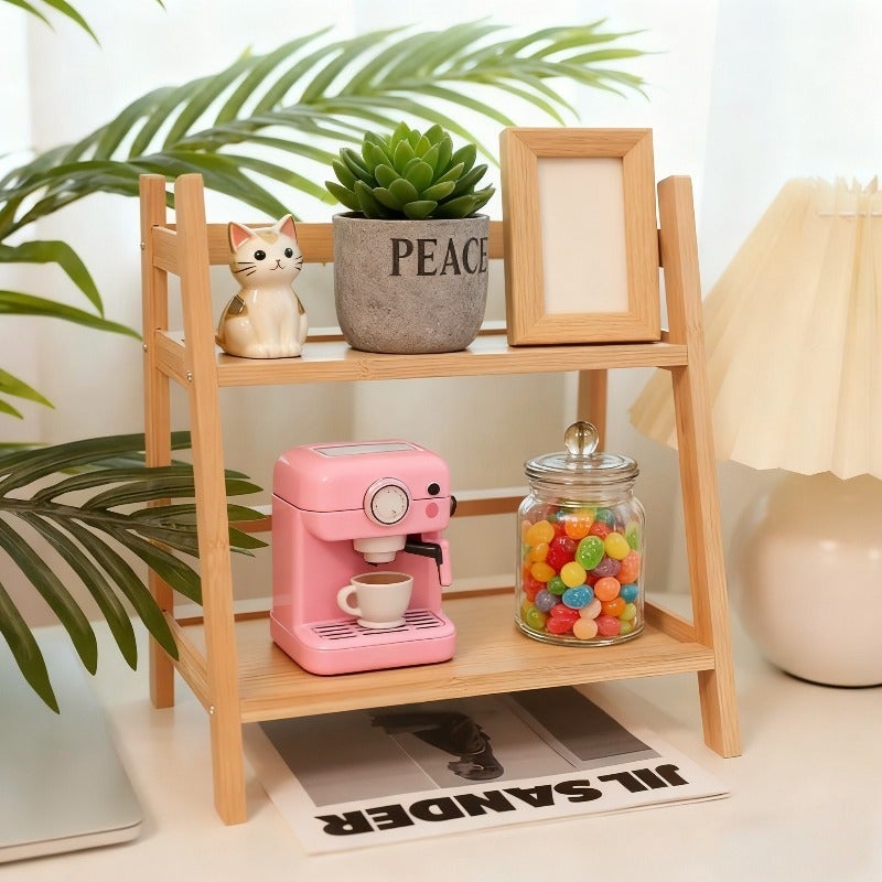 1pc Bamboo Countertop Organizer, Bathroom Storage Rack, Double-Layer Design, Wooden Surface, Trapezoidal Shape, Modern Cream Classic Style, Suitable for Dorm, Bedroom, Bathroom, Office, Kitchen Storage Rack, Space-Saving, Perfect for Coffee Maker - Image 4