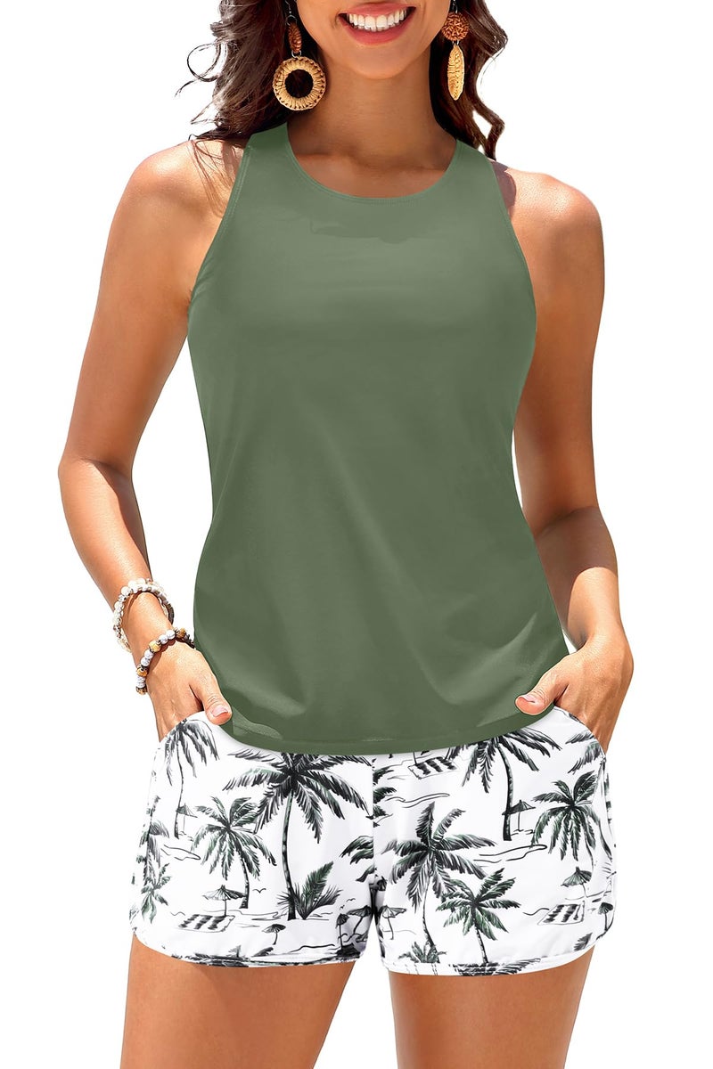 Daci Green Palm Tree Tankini Swimsuits for Women - Tummy Control Two Piece Bathing Suits with Shorts High Neck Swimwear Two Side Pockets M - Image 1