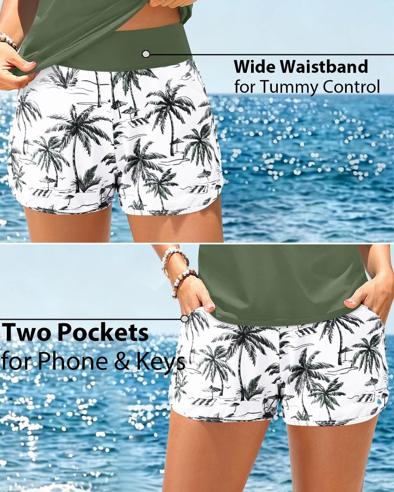 Daci Green Palm Tree Tankini Swimsuits for Women - Tummy Control Two Piece Bathing Suits with Shorts High Neck Swimwear Two Side Pockets M - Image 4