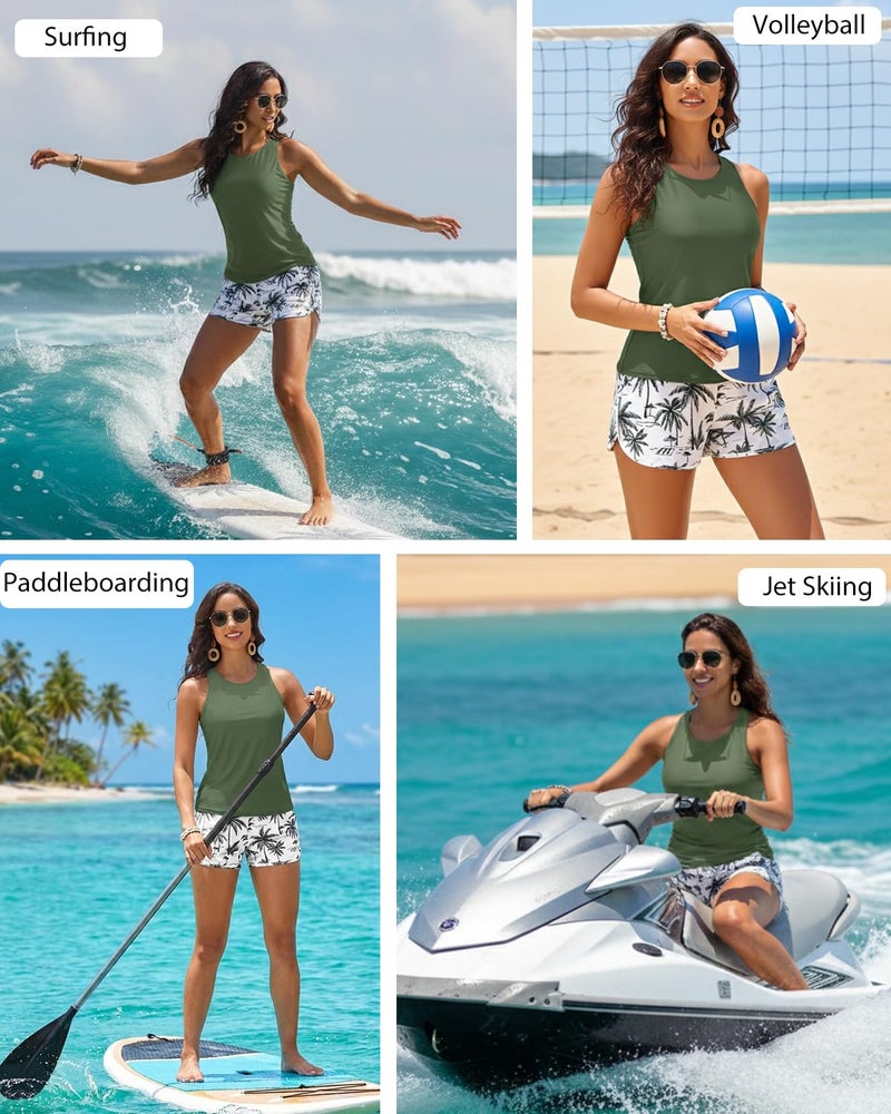 Daci Green Palm Tree Tankini Swimsuits for Women - Tummy Control Two Piece Bathing Suits with Shorts High Neck Swimwear Two Side Pockets M - Image 5