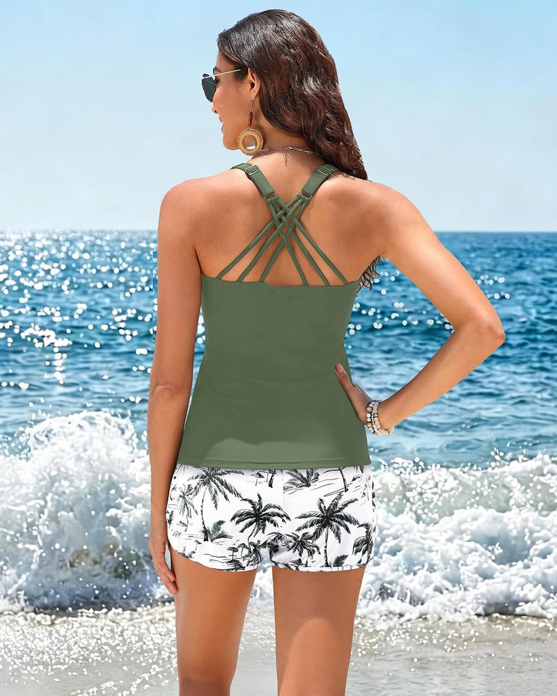 Daci Green Palm Tree Tankini Swimsuits for Women - Tummy Control Two Piece Bathing Suits with Shorts High Neck Swimwear Two Side Pockets M - Image 2