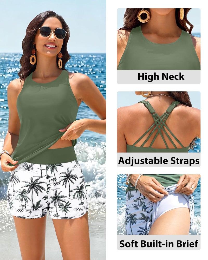 Daci Green Palm Tree Tankini Swimsuits for Women - Tummy Control Two Piece Bathing Suits with Shorts High Neck Swimwear Two Side Pockets M - Image 3