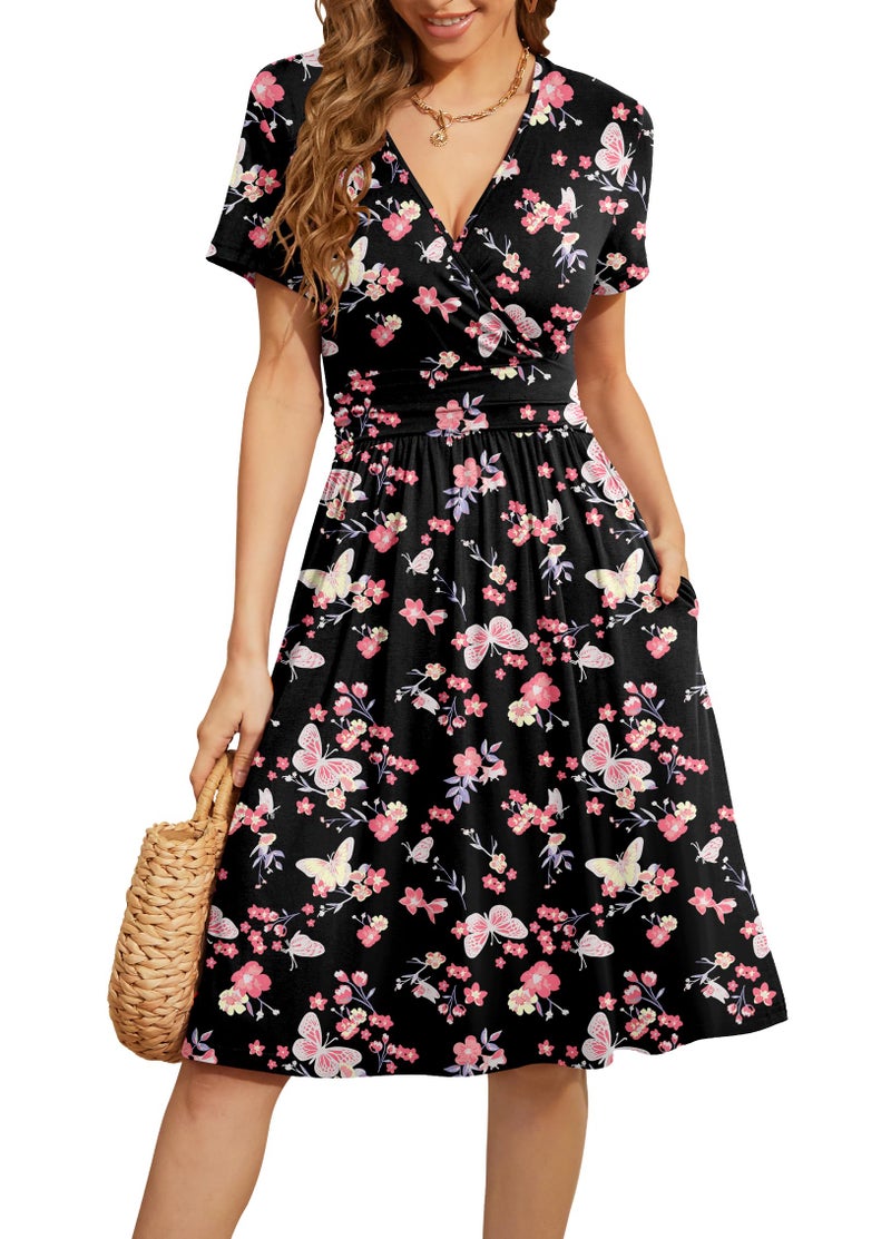WEACZZY Summer Dresses for Women 2025 Empire Waist Floral Spring Knee Length Dress,Butterfly Black,XL - Image 1