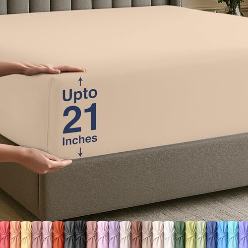 Utopia Bedding Extra Deep Pocket Queen Fitted Sheet Fits up to 21 Inch Mattress Hotel Luxury Soft Breathable and Comfy Shrinkage and Fade Resistant Easy Care Beige - Image 1