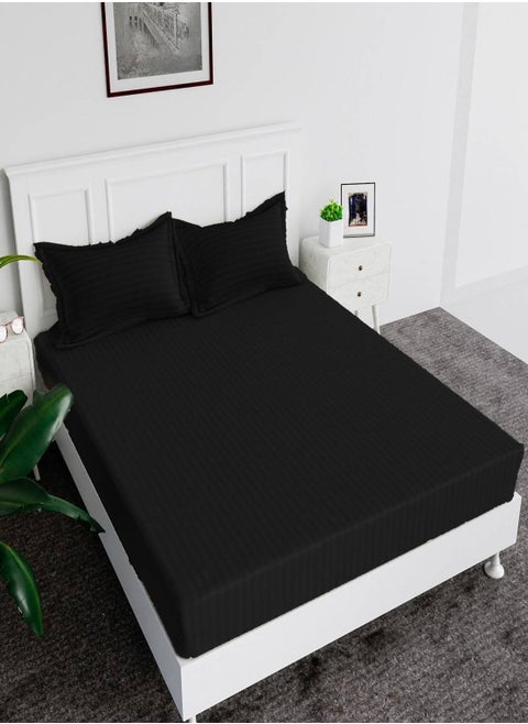 Fitted Bed Sheet +2Pcs Pillow Covers, King/Queen/Double/Single Sizes, Color Black
