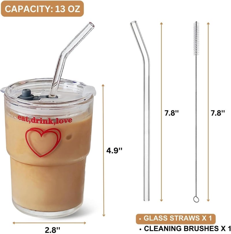 Olvini 13oz Glass Tumbler with Glass Straw and Lid, Iced Coffee Cups Reusable, Water Cup, Coffee Tumbler, Glass Coffee Mugs, Valentines Day Gifts (Eat, drink, love) - Image 3