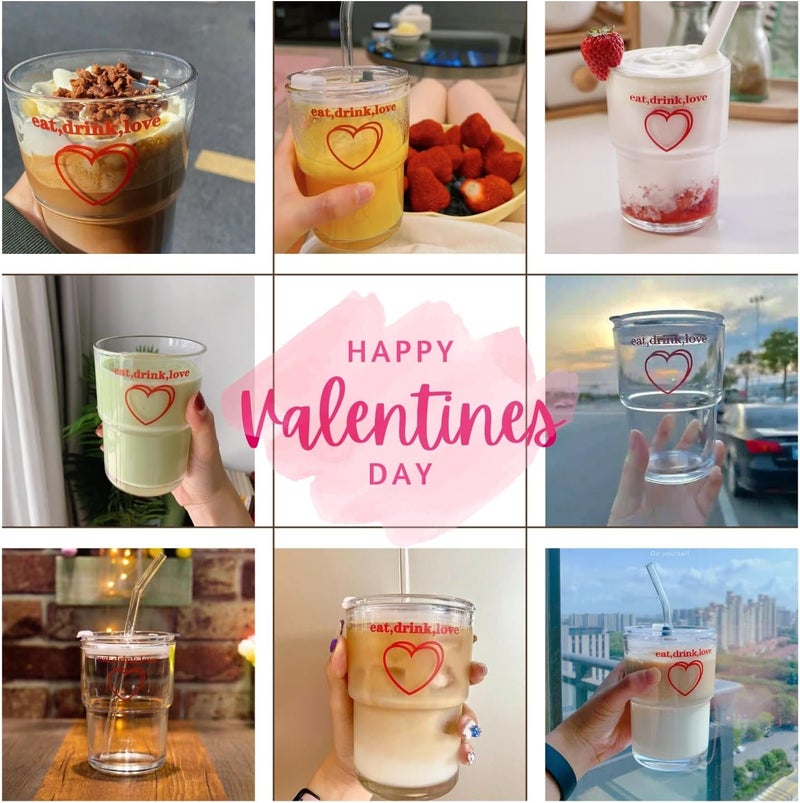 Olvini 13oz Glass Tumbler with Glass Straw and Lid, Iced Coffee Cups Reusable, Water Cup, Coffee Tumbler, Glass Coffee Mugs, Valentines Day Gifts (Eat, drink, love) - Image 1