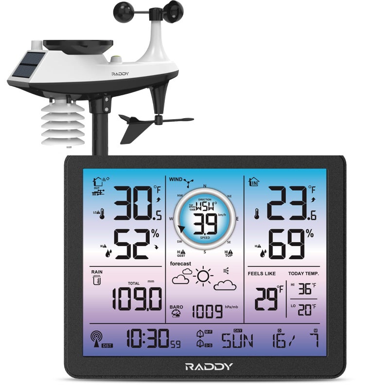 Raddy VP7 5-in-1 Weather Station Wireless for Indoor Outdoor | 7.4" Large Digital Color Display, with Barometer, Rain Gauge, Wind Speed, Atomic Clock, Weather Forecast, Temperature Humidity Monitor - Image 1