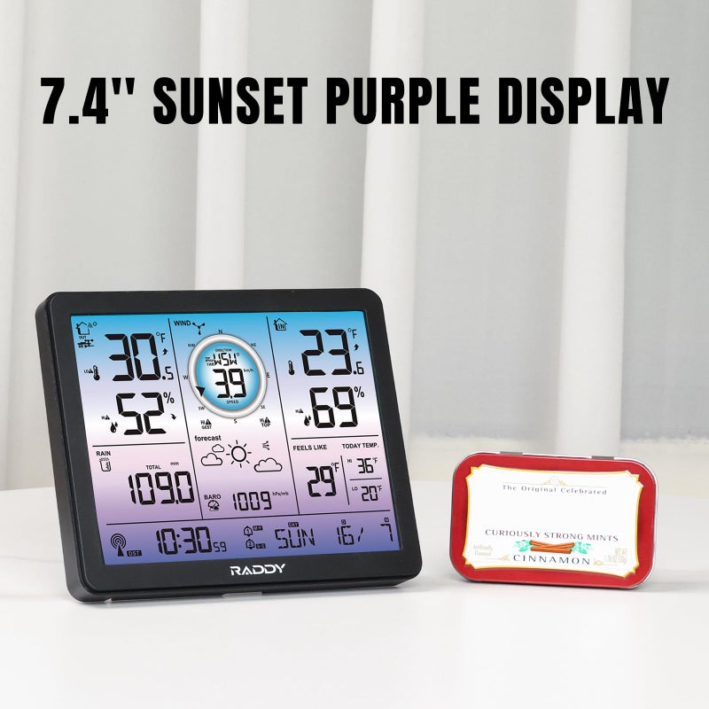 Raddy VP7 5-in-1 Weather Station Wireless for Indoor Outdoor | 7.4" Large Digital Color Display, with Barometer, Rain Gauge, Wind Speed, Atomic Clock, Weather Forecast, Temperature Humidity Monitor - Image 3