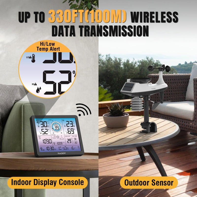 Raddy VP7 5-in-1 Weather Station Wireless for Indoor Outdoor | 7.4" Large Digital Color Display, with Barometer, Rain Gauge, Wind Speed, Atomic Clock, Weather Forecast, Temperature Humidity Monitor - Image 5