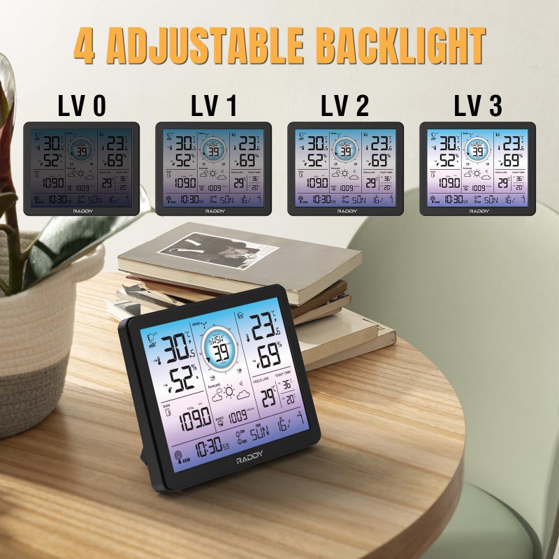 Raddy VP7 5-in-1 Weather Station Wireless for Indoor Outdoor | 7.4" Large Digital Color Display, with Barometer, Rain Gauge, Wind Speed, Atomic Clock, Weather Forecast, Temperature Humidity Monitor - Image 4