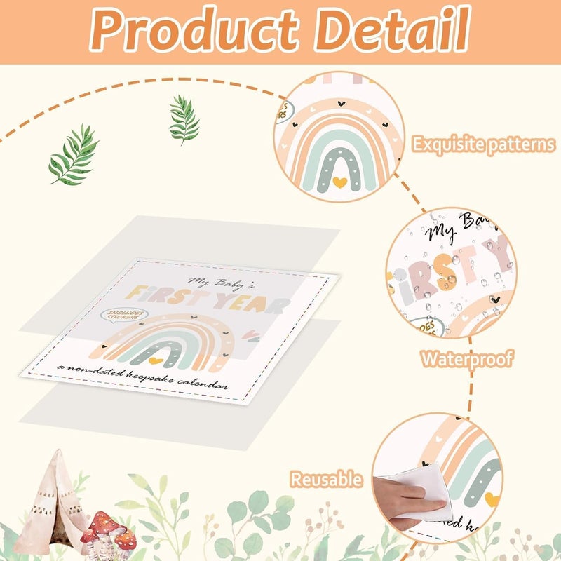 CHUNNIN Boho Rainbow Babys First Year Calendar with Stickers Boho 1st Year Tracker First Year Book Baby First Year Milestones Newborn Baby Memory Calendar Keepsake for Baby Girl or Boy - Image 4