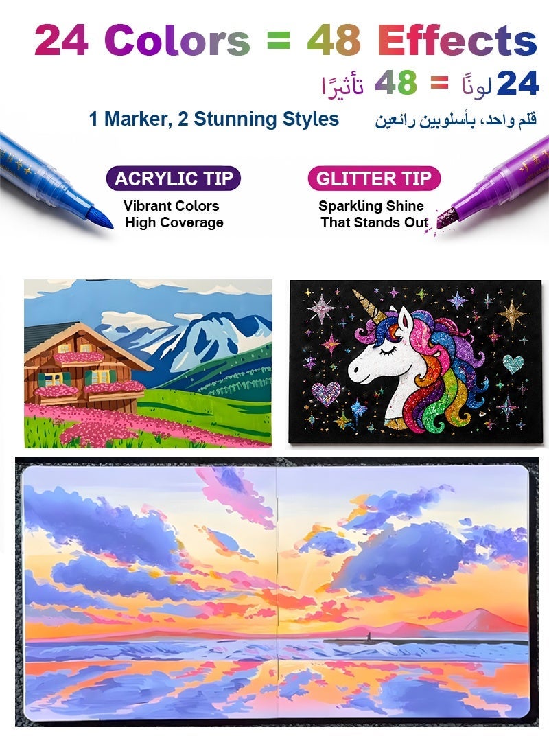 Zhi Jin 24Pcs 48 Colors Dual Tip Glitter Acrylic Markers Set, Soft Brush Starlight Shimmer Paint Pens, 2-in-1 Multi-Surface Art Markers for Kids & Adults DIY Crafts - Image 3