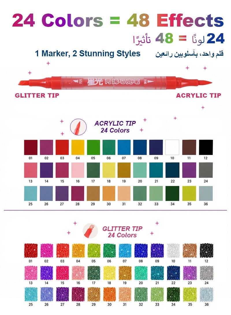 Zhi Jin 24Pcs 48 Colors Dual Tip Glitter Acrylic Markers Set, Soft Brush Starlight Shimmer Paint Pens, 2-in-1 Multi-Surface Art Markers for Kids & Adults DIY Crafts - Image 4