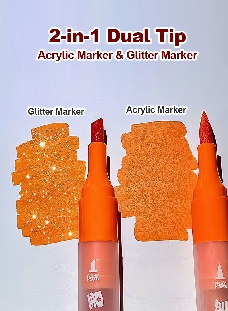 Zhi Jin 24Pcs 48 Colors Dual Tip Glitter Acrylic Markers Set, Soft Brush Starlight Shimmer Paint Pens, 2-in-1 Multi-Surface Art Markers for Kids & Adults DIY Crafts - Image 2