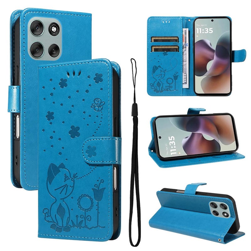 erorex For Motorola Moto G56 5G Cat and Bee Embossed Flip Leather Phone Case(Blue) - Image 1