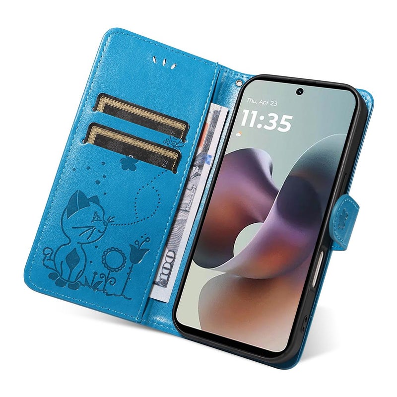 erorex For Motorola Moto G56 5G Cat and Bee Embossed Flip Leather Phone Case(Blue) - Image 5