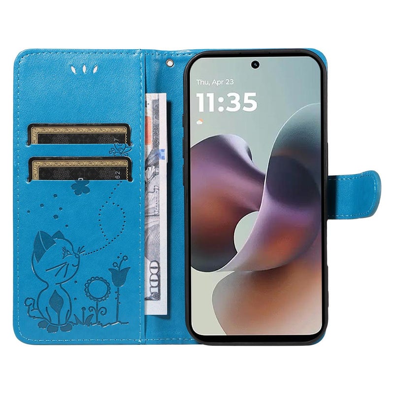 erorex For Motorola Moto G56 5G Cat and Bee Embossed Flip Leather Phone Case(Blue) - Image 4