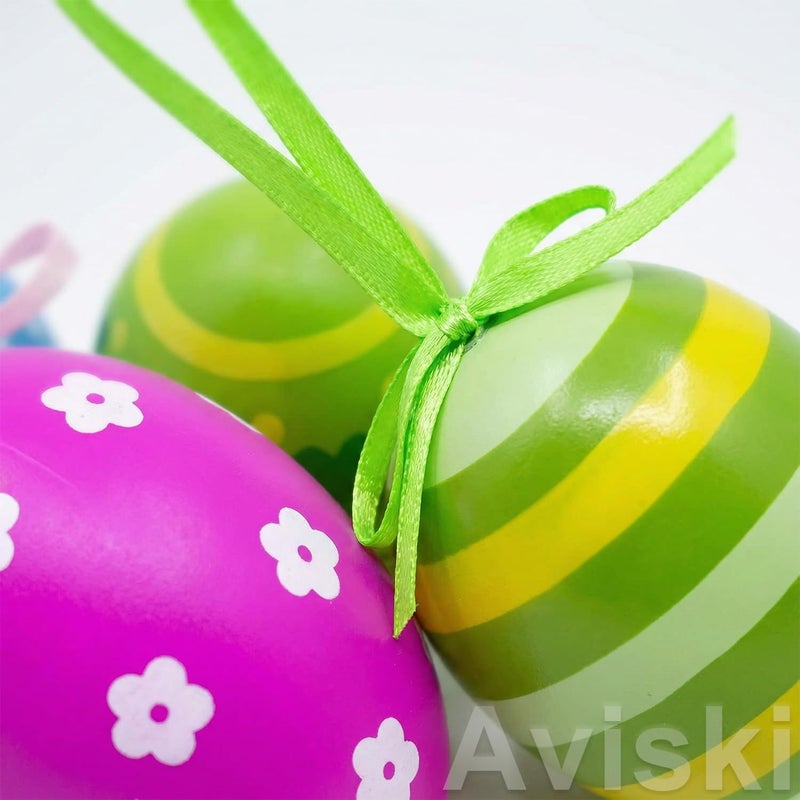 Aviski بيض عيد الفصح المعلق 24 قطعة، زينة شجرة عيد الفصح البلاستيكية الملونة، بيض مزخرف مرسوم يدويًا للحرف اليدوية، زخارف بخطوط ونقاط وأزهار لعيد الفصح - Image 3