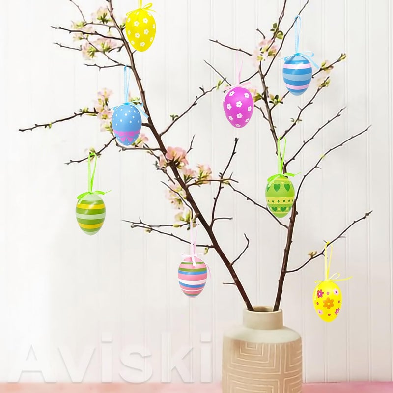 Aviski بيض عيد الفصح المعلق 24 قطعة، زينة شجرة عيد الفصح البلاستيكية الملونة، بيض مزخرف مرسوم يدويًا للحرف اليدوية، زخارف بخطوط ونقاط وأزهار لعيد الفصح - Image 4