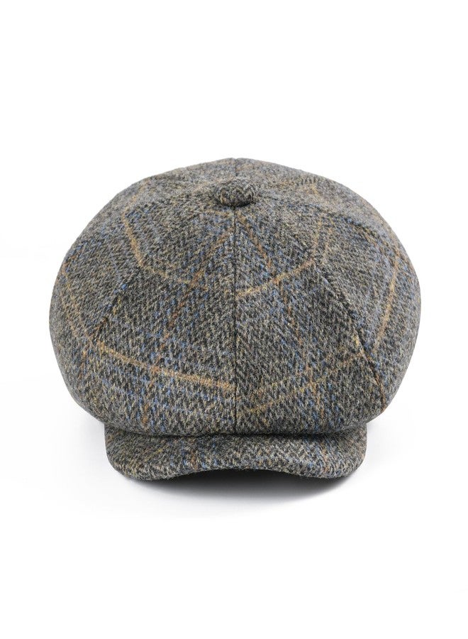 FEINION Men's Wool Newsboy Cap 8 Panel Ivy Tweed Cabbie Flat Hat Baker Boy Cap, Plaid Khaki, 7 1/4 - Image 2
