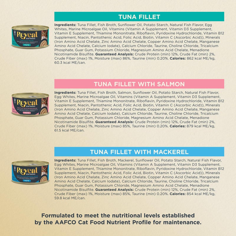 Reveal EntrÃ©es Natural Wet Cat Food PatÃ©, Grain-Free with Added Vitamins & Minerals, Carrageenan-Free and High Protein, Fish Variety Selection PatÃ© (12 x 2.47 oz Cans) - Image 3