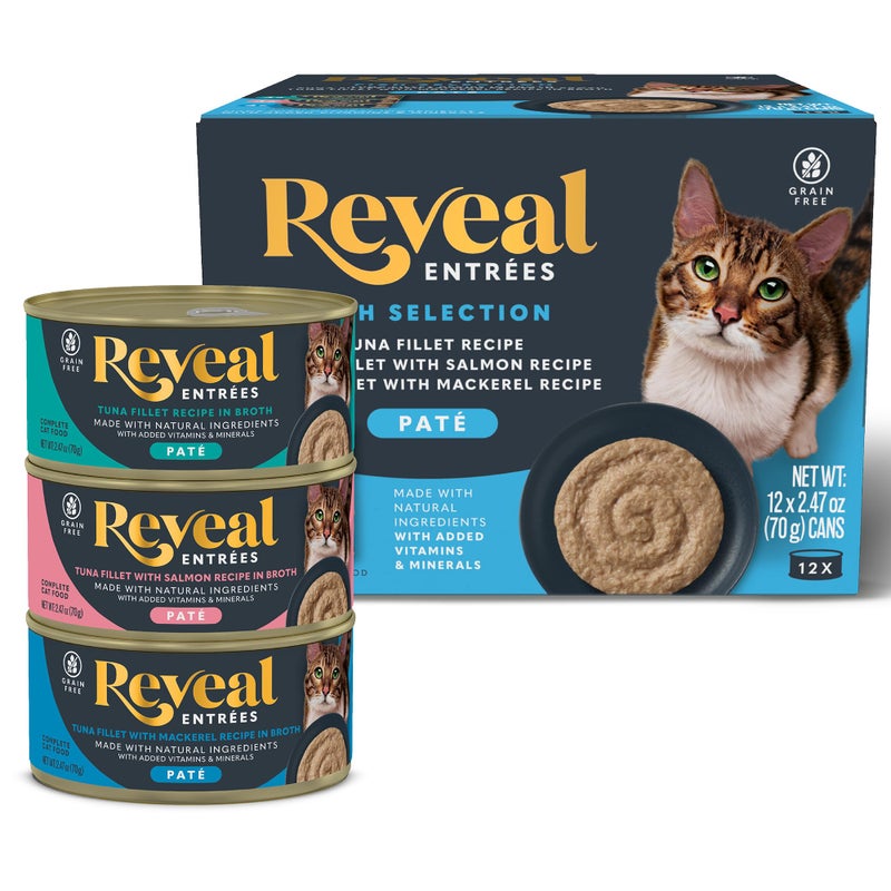 Reveal EntrÃ©es Natural Wet Cat Food PatÃ©, Grain-Free with Added Vitamins & Minerals, Carrageenan-Free and High Protein, Fish Variety Selection PatÃ© (12 x 2.47 oz Cans) - Image 1
