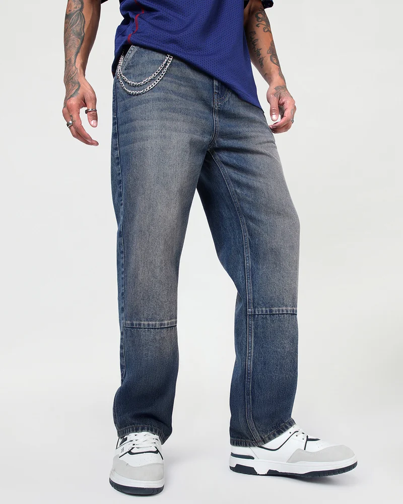 بيواكوف Men's Indigo Blue Washed Straight Fit Mid-Rise Jeans