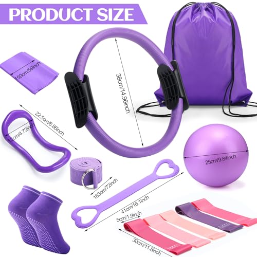 RoundFunny Pilates Ring Circle Set 18 Pcs Exercise Equipment Accessories for Women Workouts Pilates Ball Stretching Strap Magic Circle Yoga Ring Gym Back Bag Resistance Band Anti Slip Socks Purple - Image 3