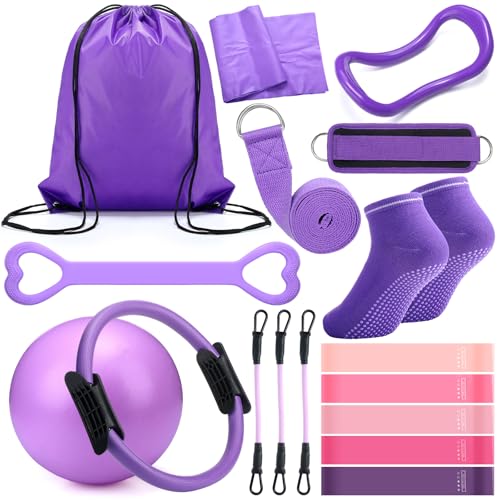 RoundFunny Pilates Ring Circle Set 18 Pcs Exercise Equipment Accessories for Women Workouts Pilates Ball Stretching Strap Magic Circle Yoga Ring Gym Back Bag Resistance Band Anti Slip Socks Purple - Image 1
