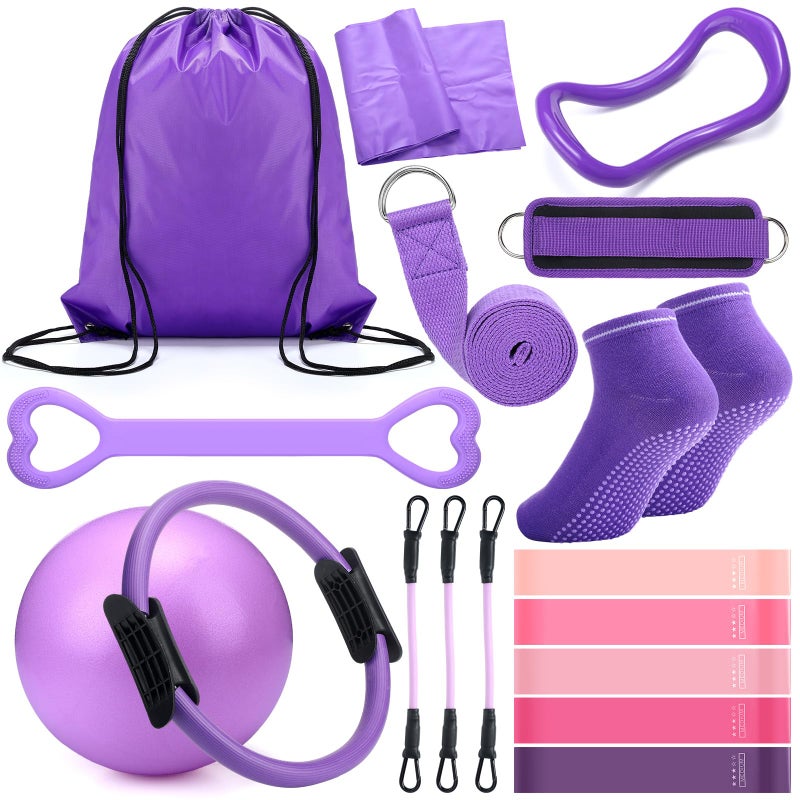 RoundFunny Pilates Ring Circle Set 18 Pcs Exercise Equipment Accessories for Women Workouts Pilates Ball Stretching Strap Magic Circle Yoga Ring Gym Back Bag Resistance Band Anti Slip Socks Purple - Image 2