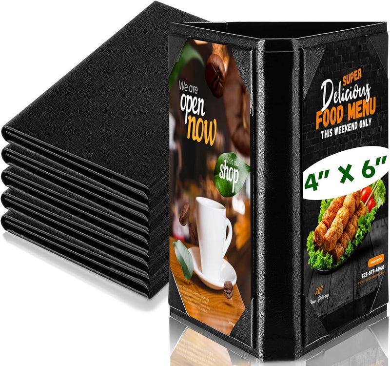 LAIAMER 5 Pack Menu Holder Triangular Black PU Leather 3 Sides Menu Holder for Restaurant Cafe Bar Wedding Supplies - Image 1